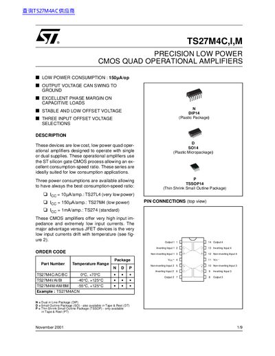 STMicroelectronics TS27M4C Precision Low Power CMOS Quad Operational Amplifiers Datasheet - cover page