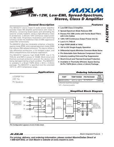 Maxim MAX9741 Low‑EMI Stereo Class D Audio Power Amplifier Datasheet - cover page