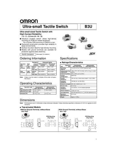 OMRON B3U Ultra-small Tactile Switch Datasheet - cover page