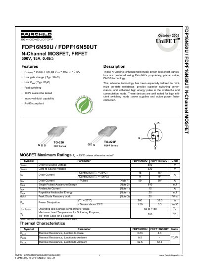 Fairchild FDP16N50U/FDPF16N50UT N-Channel MOSFET Datasheet - cover page