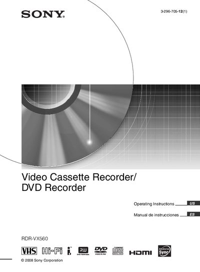Sony RDR-VX560 Video Cassette/DVD Recorder User Manual - cover page