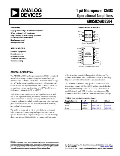 Analog Devices AD8502/AD8504 Datasheet Rev A - cover page