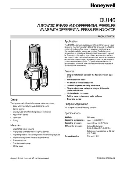 Honeywell DU146 Automatic Bypass and Differential Pressure Valve Manual - cover page