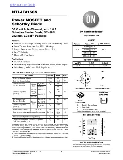 ON Semiconductor NTLJF4156N Power MOSFET and Schottky Diode Datasheet - cover page