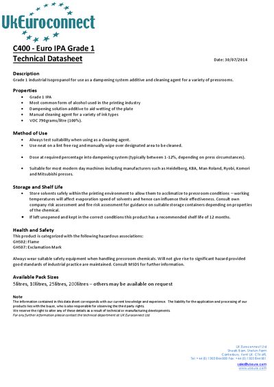 Euro C400 IPA Grade 1 Technical Datasheet - cover page