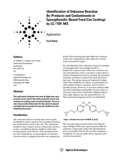 Agilent LC/TOF-MS Application Note: Identification of Unknown Reaction By-Products in Epoxyphenolic-Based Food Can Coati - cover page
