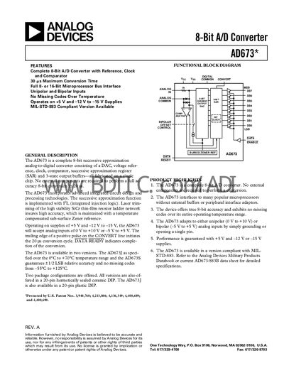 Analog Devices AD673 8‑Bit A/D Converter Datasheet - cover page