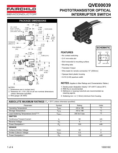 Fairchild QVE00039 Phototransistor Optical Interrupter Switch Datasheet - cover page