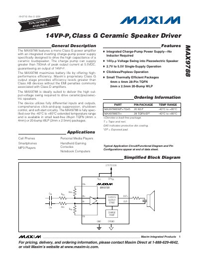 Maxim MAX9788 Ceramic Speaker Driver Datasheet - cover page