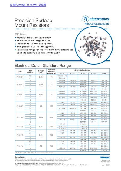 TT Electronics PCF Series Precision Surface Mount Resistors Datasheet - cover page