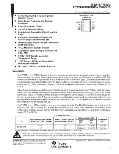 Texas Instruments TPS2014/TPS2015 Power Distribution Switches Datasheet - cover page
