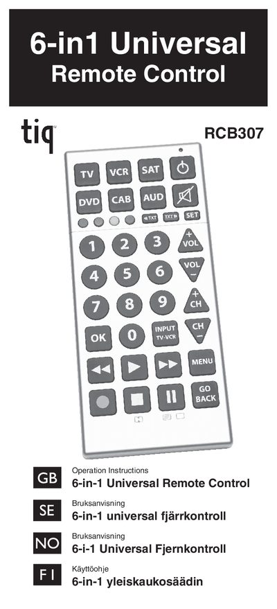 6-in 1 Universal Remote Control RCB307 User Guide  - cover page