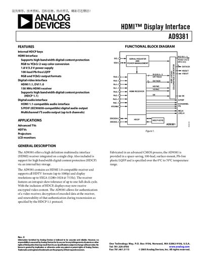 Analog Devices AD9381 HDMI Display Interface Datasheet - cover page