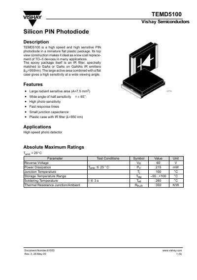 Vishay TEMD5100 PIN Photodiode Datasheet - cover page