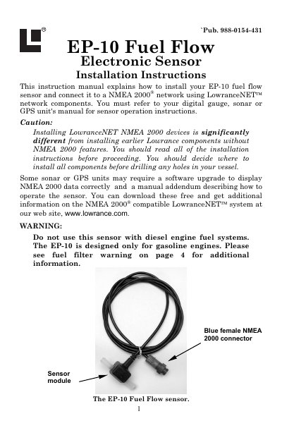 Lowrance EP-10 Fuel Flow Sensor Installation Instructions - cover page