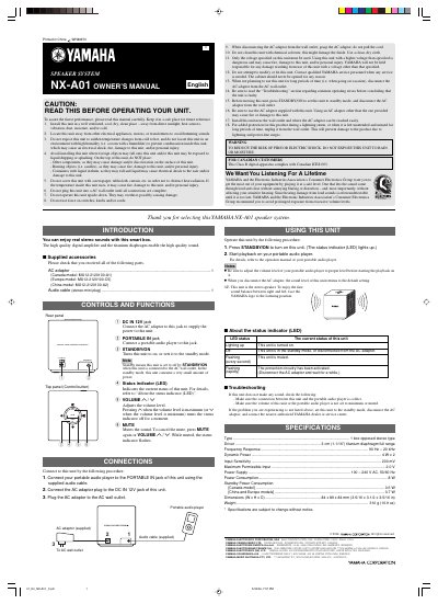 Yamaha NX-A01 Speaker System Owner's Manual - cover page