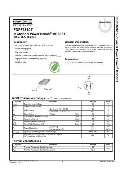 Fairchild FDPF3860T N-Channel PowerTrench MOSFET Datasheet - cover page