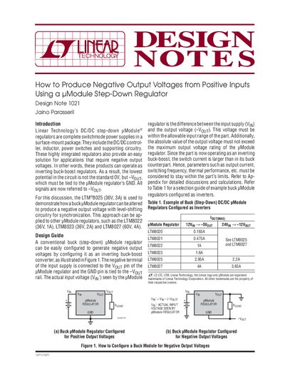 LINEAR How to Produce Negative Output Voltages from Positive Inputs Using a Module Step-Down Regulator Design Note 1021 Jaino Parasseril - cover page