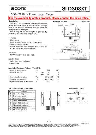 Sony SLD303XT 500mW High Power Laser Diode Datasheet - cover page