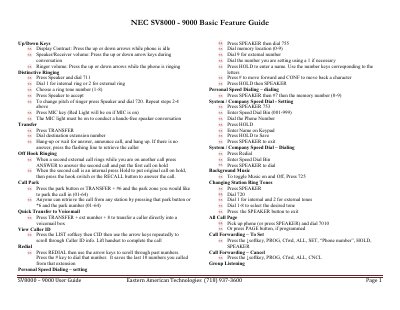 NEC SV8000-9000 Phone System Basic Feature Guide - cover page