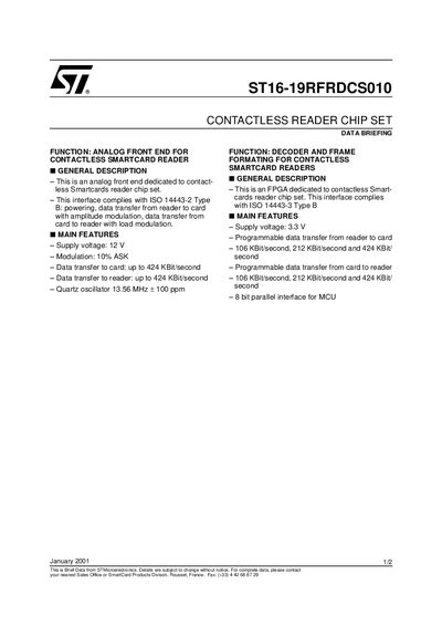 STMicroelectronics ST16-19RFRDCS010 Contactless Reader Chip Set Datasheet - cover page