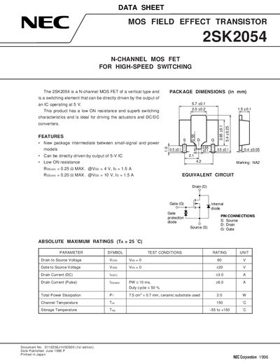 NEC 2SK2054 (2SK20541) MOSFET Datasheet - cover page