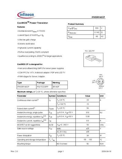 Infineon IPA50R140CP Datasheet - cover page