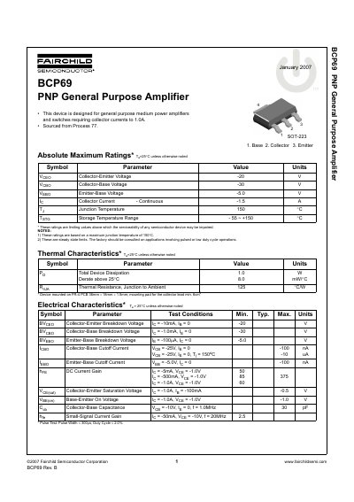 Fairchild Semiconductor BCP69 PNP General Purpose Amplifier Datasheet - cover page