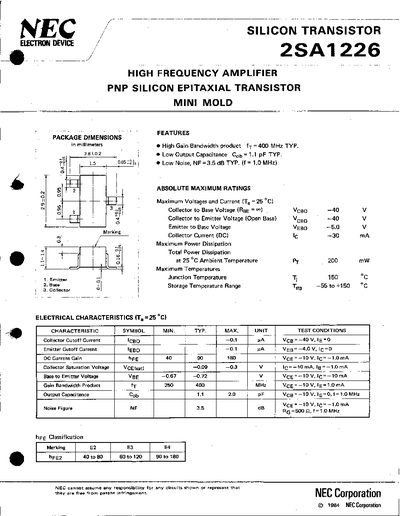 NEC 2SA1226 PNP Silicon Transistor Datasheet - cover page