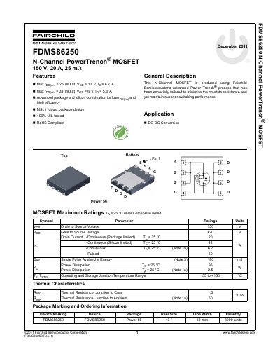 Fairchild Semiconductor FDMS86250 N-Channel PowerTrench MOSFET Datasheet - cover page