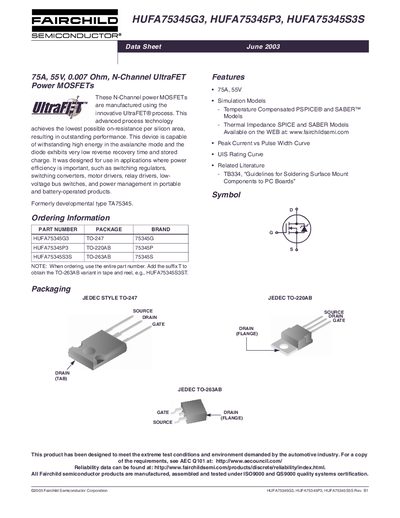 Fairchild Semiconductor HUFA75345G3 / HUFA75345P3 / HUFA75345S3S Power MOSFETs Datasheet - cover page
