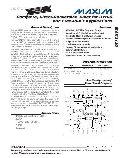 Maxim MAX2120 Direct-Conversion Tuner for DVB‑S and Free‑to‑Air Applications Datasheet - cover page