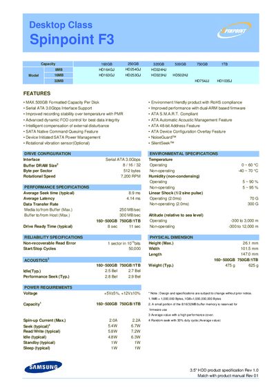 Western Digital Spinpoint F3 Desktop Class Hard Drive Datasheet - cover page