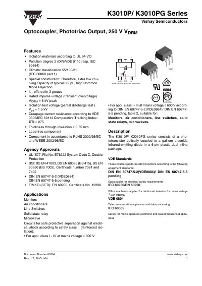 Vishay K3010P/K3010PG Optocoupler Phototriac Output 250 V VDRM Handbook - cover page