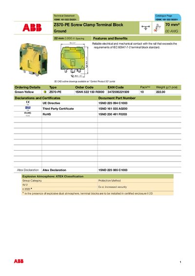 ABB ZS70-PE Screw Clamp Terminal Block Technical Datasheet - cover page