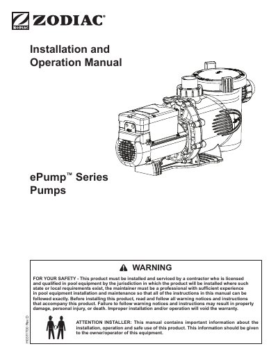 Zodiac ePump Series Pump Installation and Operation Manual - cover page
