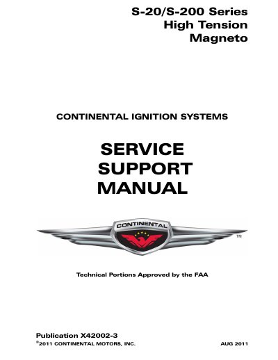 Continental Motors S-20/S-200 Series High Tension Magneto Service Support Manual - cover page