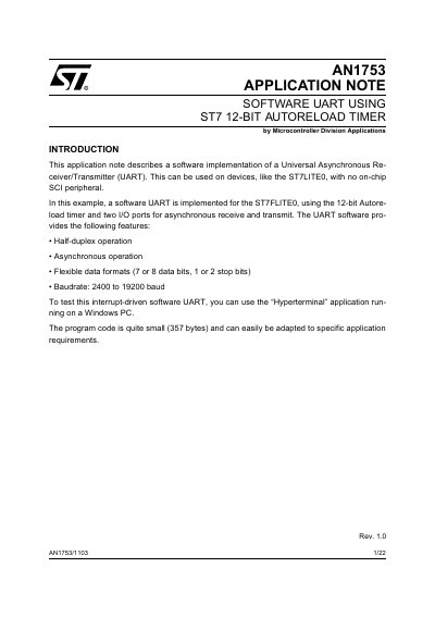 STMicroelectronics AN1753 Software UART Using ST7 12-Bit Autoreload Timer