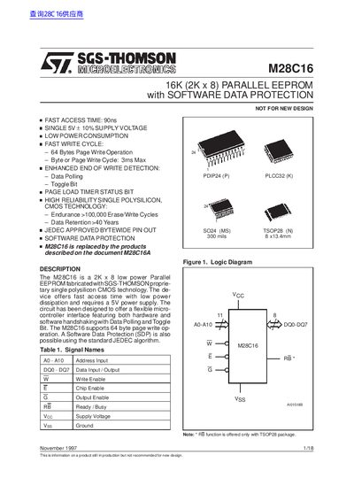 SGS-THOMSON M28C16 16K Parallel EEPROM Datasheet - cover page