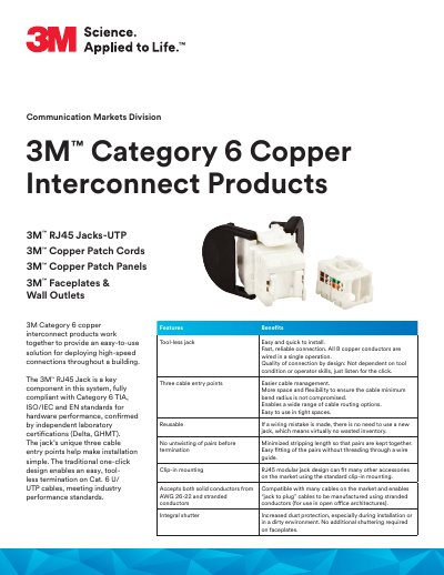 3M Category 6 Copper Interconnect Products Product Information - cover page