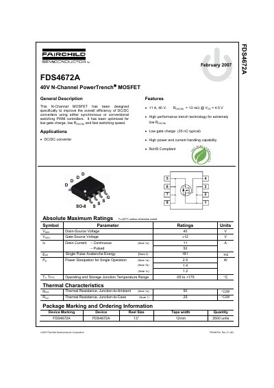 Fairchild Semiconductor FDS4672A 40V N-Channel PowerTrench MOSFET Datasheet - cover page