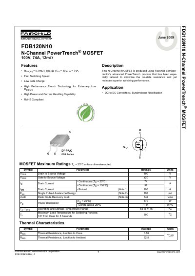 Fairchild Semiconductor FDB120N10 N-Channel MOSFET Datasheet - cover page