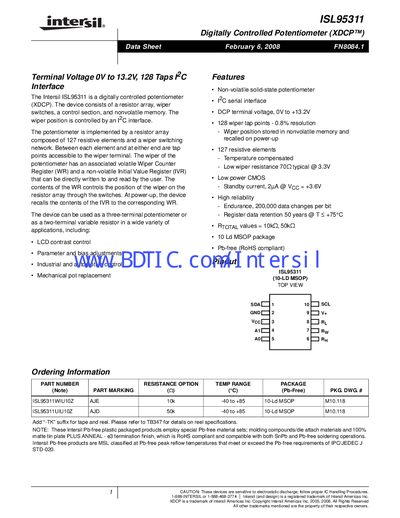 Intersil ISL95311 Digitally Controlled Potentiometer Datasheet - cover page