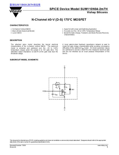 Vishay SUM110N04-2m7H SPICE Device Model Datasheet - cover page