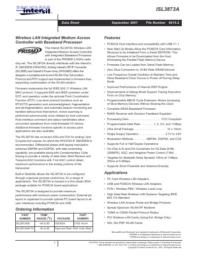 Intersil ISL3873A Wireless LAN Integrated Medium Access Controller Datasheet