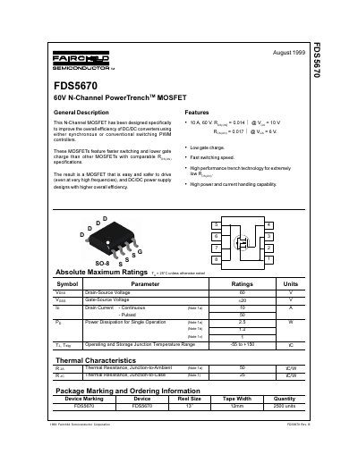 Fairchild Semiconductor FDS5670 60V N-Channel PowerTrench MOSFET Datasheet - cover page