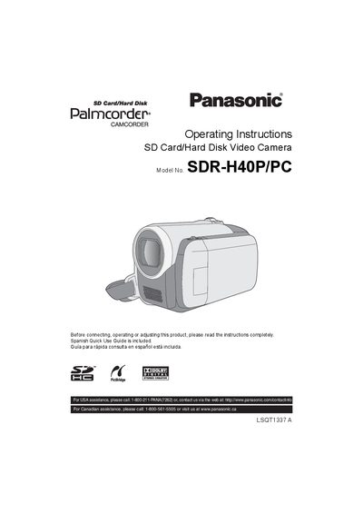 Panasonic SDR-H40P/PC Video Camera User Manual - cover page