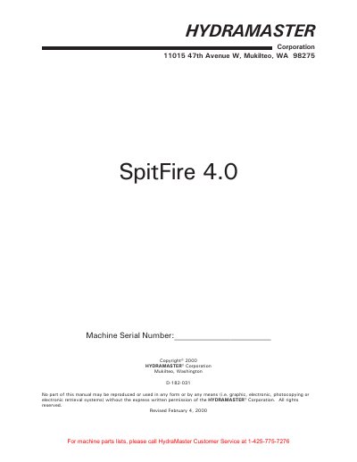 HydraMaster SpitFire 4.0 Carpet Cleaning Machine Operator's and Service Manual - cover page