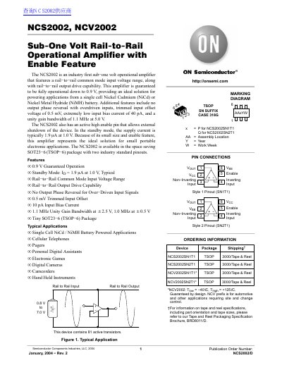 NCS2002, NCV2002 Sub-One Volt Rail-to-Rail Operational Amplifier Datasheet