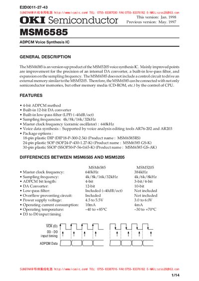 OKI MSM6585 ADPCM Voice Synthesis IC Datasheet - cover page